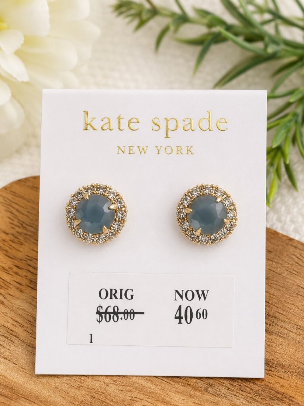 Kate Spade New York Blue Crystal Halo Stud Earrings NWT Gold Tone